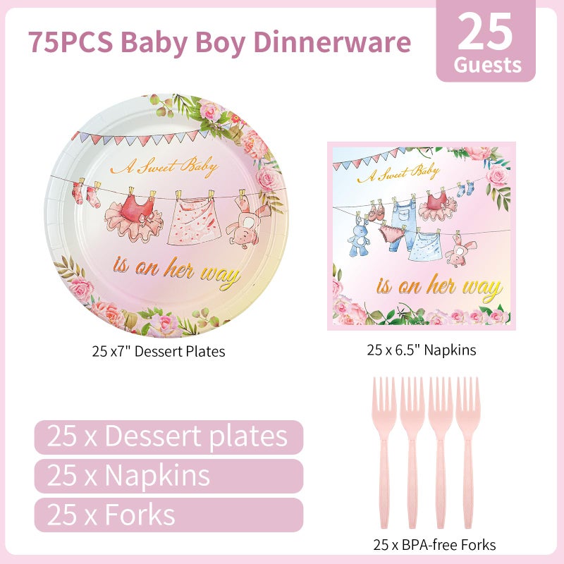HFBOBP 75PCS Floral Baby Girl Shower Plates and Napkins Decorations Party Favors, 7Inch A Sweet Baby Is on Her Way Paper Dessert Plates Disposable Tableware Party Supplies - Image 3